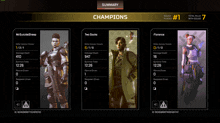 a screenshot of a video game showing the champions and their stats