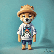 a cartoon dog wearing a white shirt with a picture of a fox on it