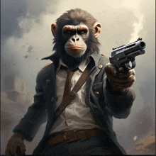 a chimpanzee in a suit and tie holds a gun