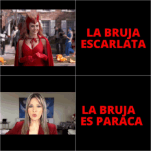 a woman in a scarlet witch costume stands in front of a sign that says la bruja es paraca