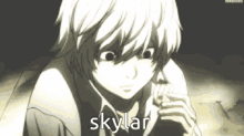 a black and white image of a boy with the word skylar written on the bottom