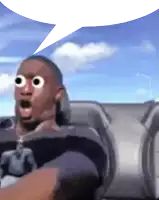 a man with big eyes is riding a roller coaster with a speech bubble above his head