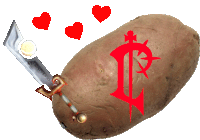 a potato with a sword sticking out of it and hearts around it