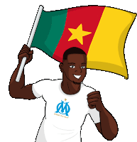 a man wearing a white shirt that says droit au but holds a flag