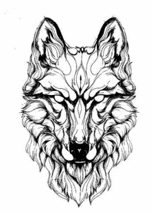 a black and white drawing of a wolf 's face on a white background .