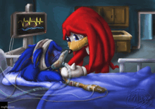 a drawing of sonic and knuckles in a hospital bed with a heartbeat monitor in the background