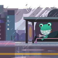 a frog wearing a mask is sitting at a bus stop in the rain