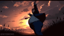 a man in a suit and tie is standing in a field with his arms outstretched in front of a sunset