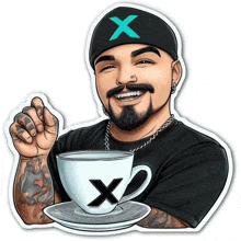 a man with a beard is holding a cup of coffee with the letter x on it