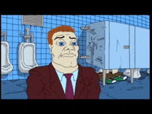 a cartoon of a man in a suit and tie in a bathroom stall