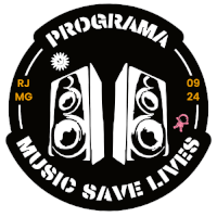 a logo for programa music save lives with two speakers