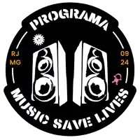 a logo for programa music save lives with two speakers