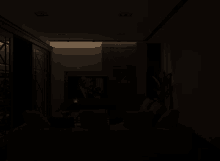 a dark room with a picture of a man in a suit