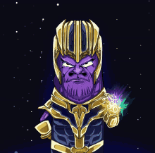 a cartoon drawing of thanos holding a glowing infinity gauntlet