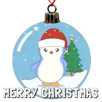 a merry christmas ornament with a penguin wearing a santa hat and a christmas tree