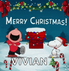 a christmas card with charlie brown and snoopy and the name vivian