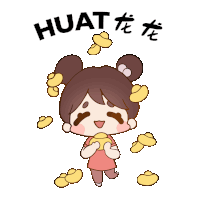 a cartoon girl is surrounded by gold coins with the word huat above her