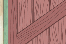 a girl with red hair is peeking out of a wooden door