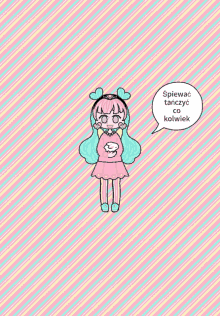 a girl with a speech bubble that says spiewac on it