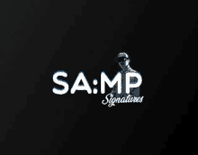 a logo for a company called samp signatures with a man in a hat and sunglasses on a black background .