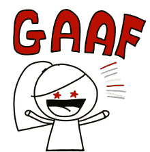 a cartoon drawing of a girl with red eyes and the word gaaf above her