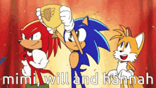 a cartoon of sonic knuckles and tails with the words mimi will and hannah on the bottom