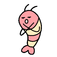 a cartoon drawing of a pink and yellow shrimp with a smiley face