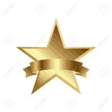 a gold star with a gold ribbon on a white background stock photo