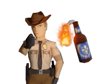 a man in a cowboy hat is holding a bottle of beer and a flame coming out of it
