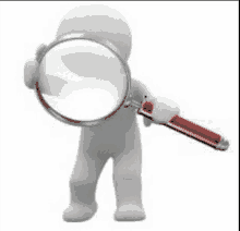 a 3d man is holding a magnifying glass in his hand and looking through it .