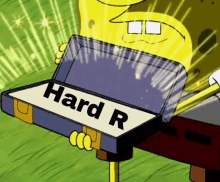 spongebob is holding a briefcase with a sign that says `` hard r '' in it .