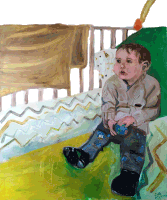 a painting of a baby sitting in a crib with a green pillow