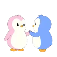 a pink and blue penguin holding hands with a heart above them