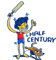 a cartoon of a man holding a bat with half century written on the bottom