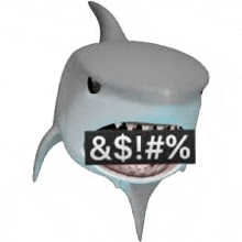 a 3d rendering of a shark with a sticker on its mouth .