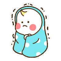 a cartoon drawing of a baby wrapped in a blue and white polka dot blanket