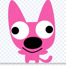 a pink cat with big eyes and a black nose is smiling