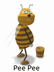 a cartoon bee standing next to a bucket that says pee pee on it