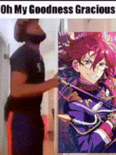 a man with a beard is standing next to a picture of an anime character .