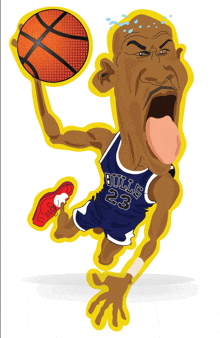 a cartoon of michael jordan holding a basketball with the number 23 on his jersey