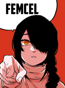 a drawing of a girl pointing with the word femcel above her head