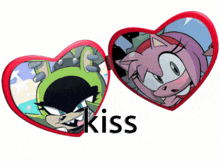 a pair of heart shaped mirrors with a cartoon character on them and the word kiss below them