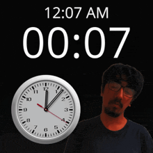 a man stands in front of a wall clock that says 12:07 am