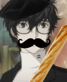 a man with glasses and a mustache is holding a baguette