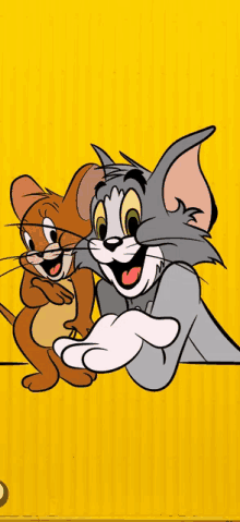 a cartoon of tom and jerry is on a yellow background