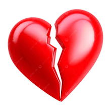a broken red heart is split in half on a white background ..
