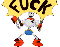 a cartoon drawing of a skeleton holding up a sign that says fuck