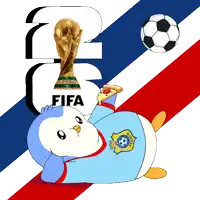 a cartoon penguin is laying on the ground with a soccer ball and a fifa trophy in the background