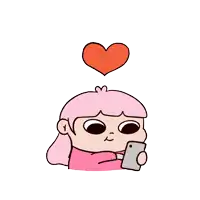 a cartoon girl with pink hair is holding a cell phone and a heart is above her head