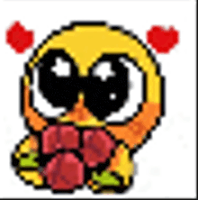a pixel art of a smiley face with hearts on its ears holding a bouquet of flowers .